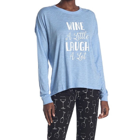 Cozy Zoe Pajama Top Women Small Blue Wine a Little Laugh a Lot Graphic Shirt - Picture 1 of 8
